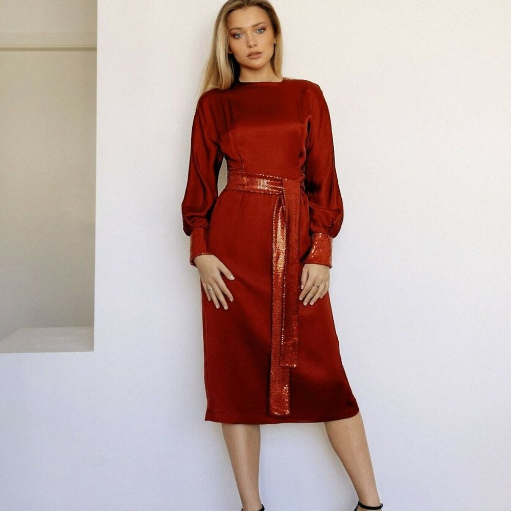 Anna Etter Satin Midi Dress, Sequin Cuffs & Belt, Red, Size M, Holiday
